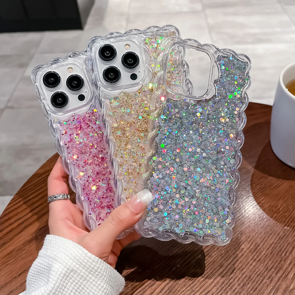 

Bling Coloful Glitter Gold Foil Case For iPhone 11 12 13 14 Pro Max XR X XS 7 8 6 Plus SE2 Wave Edge Shockproof Soft Epoxy Cover
