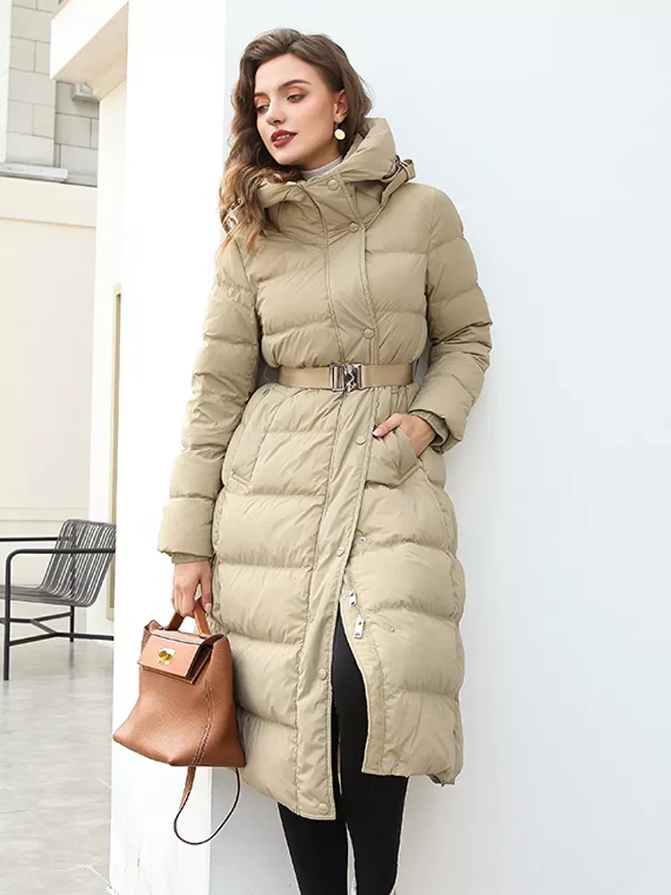 

2023New Brand Fashion Long Parkas Winter Down Jacket Women 90% White Duck Down Coat With Belt Thick Slim Female Puffer Outwear