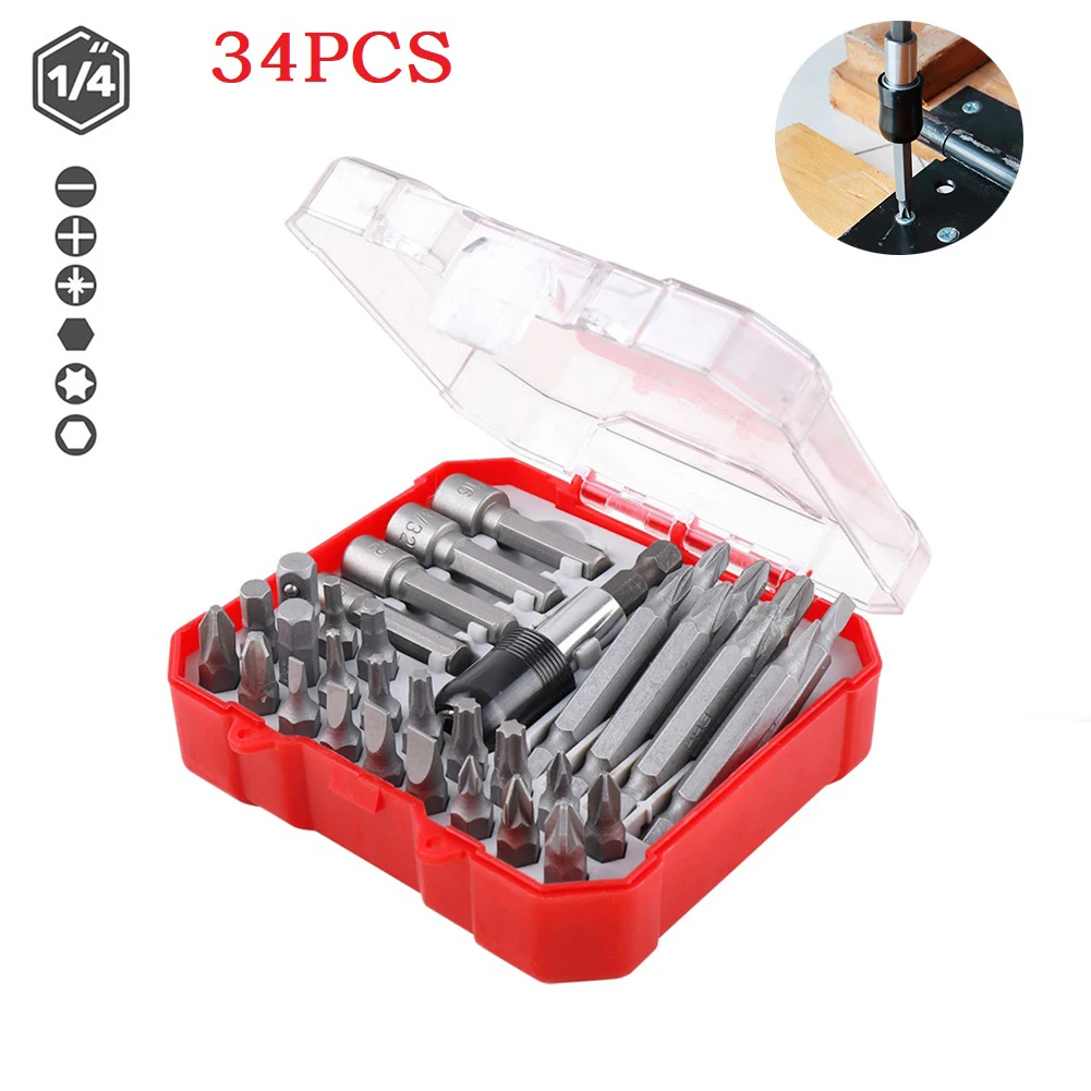 

34 Pcs Magnetic Screwdriver Bit 1/4'' Hex Shank Adapter Extension Bit Holder 50mm For Power Drill Electrical Driver Accessories