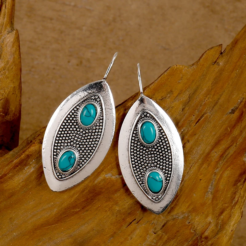 

New Vintage Leaf Shaped National Silver Plated Double Turquoise Lady Earrings