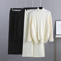 temperament half turtleneck sweater wide leg pants suit female 2022 autumn and winter new fashion knitted 2 piece set