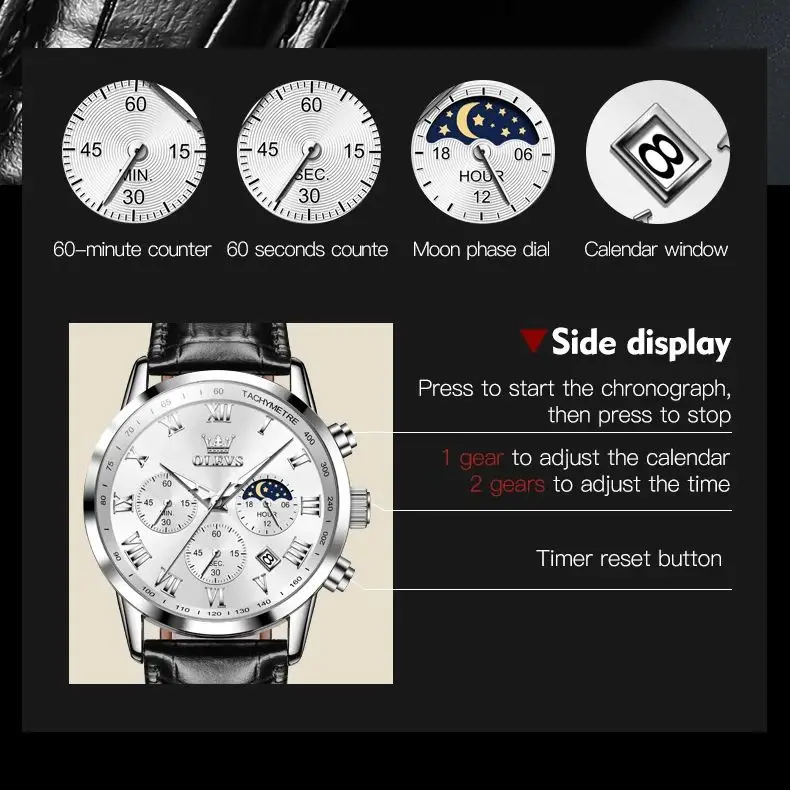 Мужские водонепроницаемые кварцевые часы с хронографом и кожаным ремешком