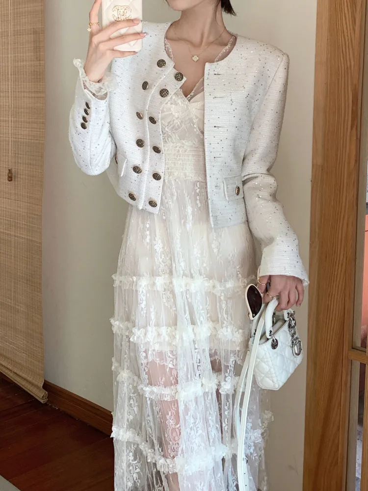 em UCXQ Elegancki blezer Płaszcz Koreański Styl O Szyja Dwurzędowa Moda Wszystko Dopasowane Krótkie Kurtki Kobiety 2024 Nowa Wiosna Jesień