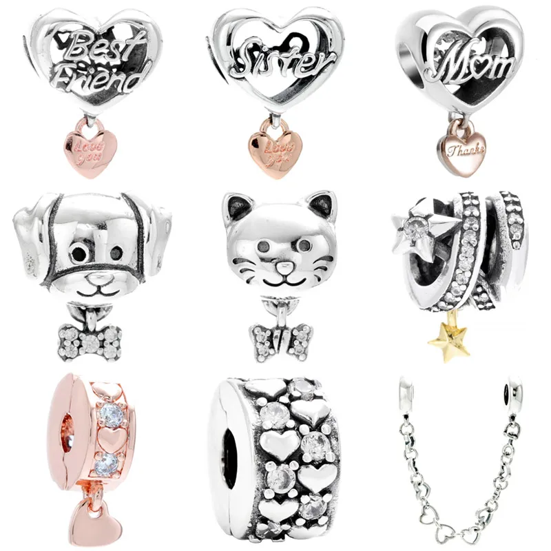 

Love You Best Friend Sister Heart Pet Dog & Bone Cat & Bow Star Charm 925 Sterling Silver Beads Fit Fashion Bracelet DIY Jewelry