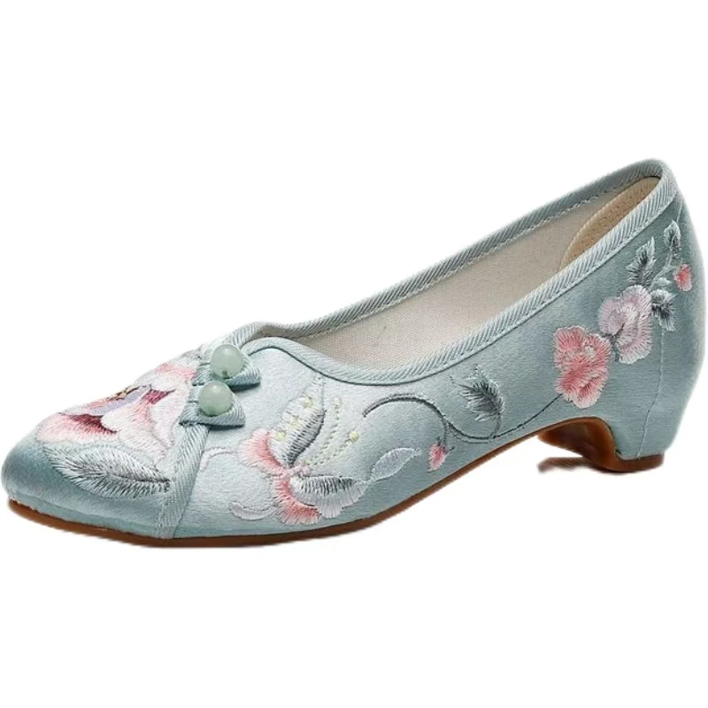 2024 женские весенне-осенние туфли на мелком шелковом каблуке с вышивкой Cheongsam