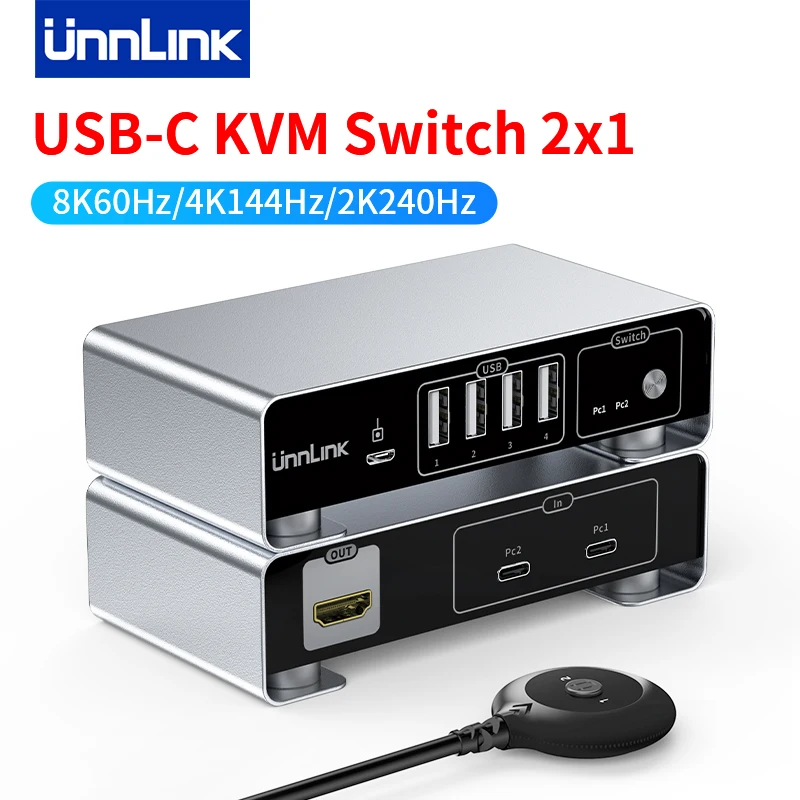 Unnlink USB C KVM Switch 2x1 8K60Hz 4K144Hz 2K240Hz Type C Thunderbolt 4 Video KVM Switcher with Controller for Macbook Laptop