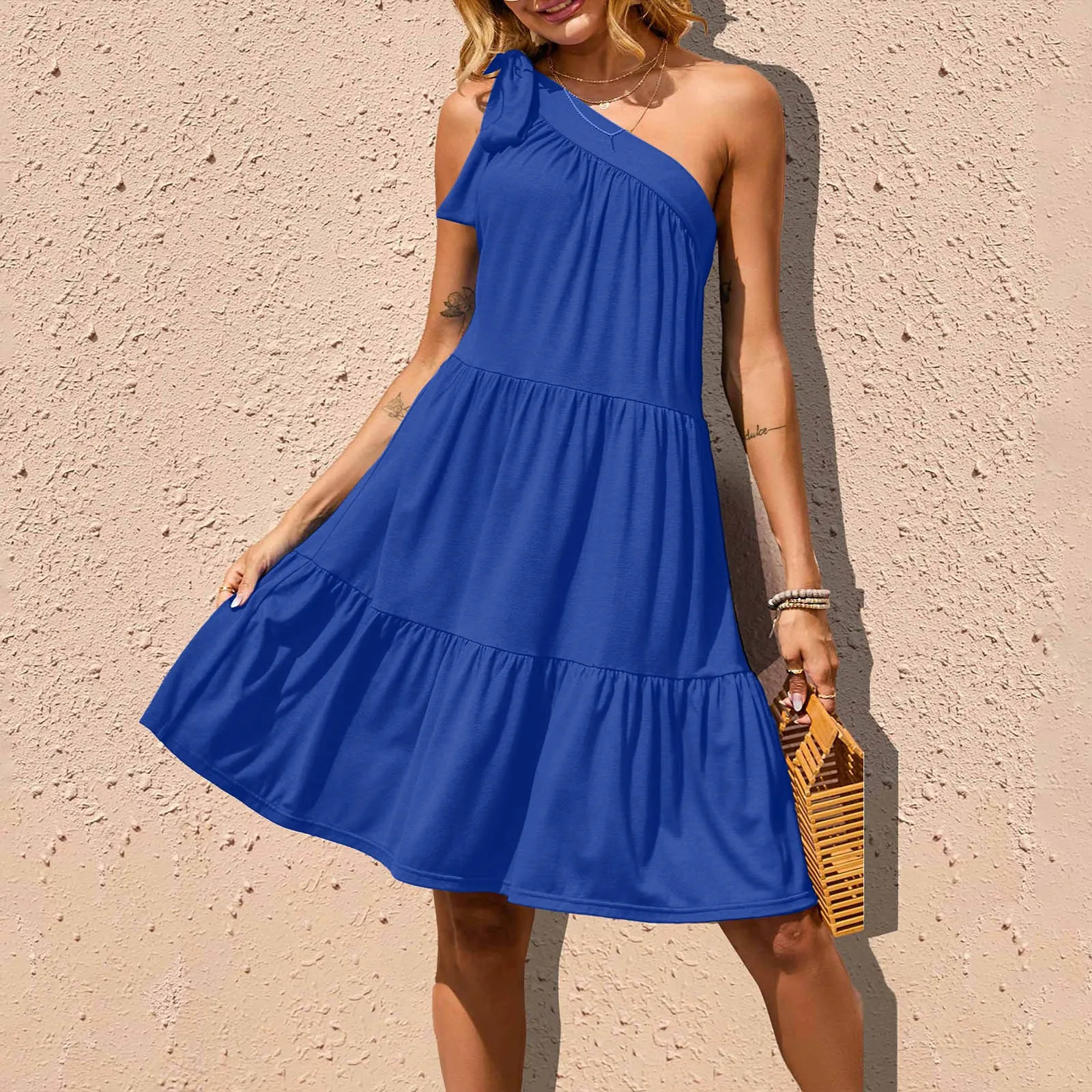 

Solid Tie Bow Knot One Shoulder Mini Dresses Women Summer Casual Dress Sexy Sleeveless Ruffle Swing Loose Party Dress Vestidos