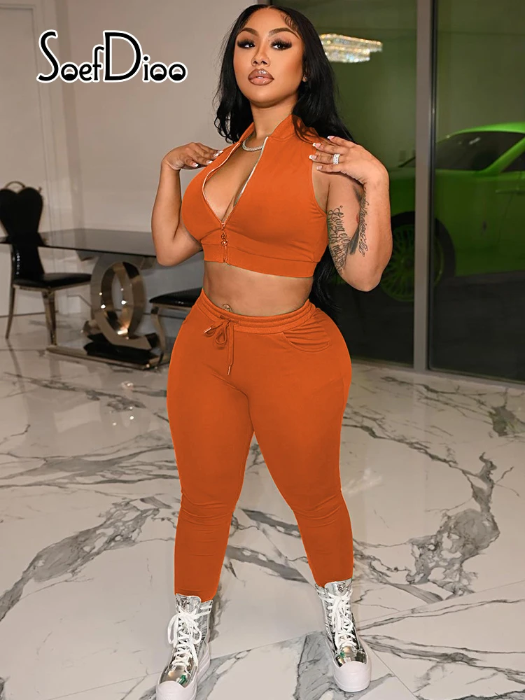 

Soefdioo Solid Color Zipper Crop Tank Top and Pencil Pants Two Piece Sets Womens Outfits Spring 2022 Fashion Sexy Streetwear