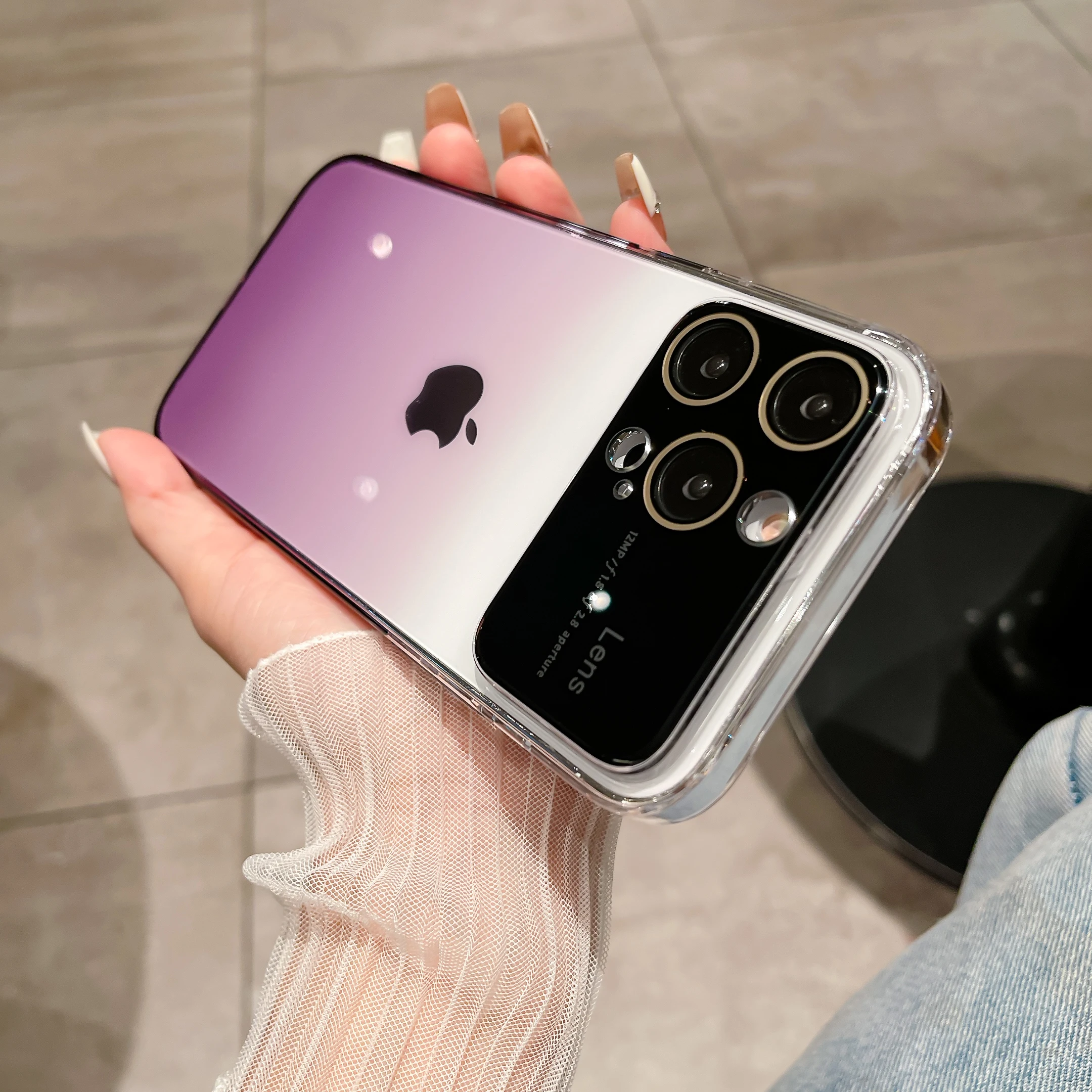 

Gradient Big Lens Protection Phone Case For iPhone 12 13 14 Pro Max 14Plus Dual Color Gradient Large windows Cover Phone Shell