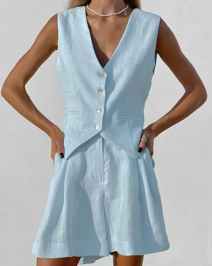 

Женский хлопковый комплект из 2 предметов, летний модный жилет без рукавов с V-образным вырезом и повседневные дизайнерские шорты с высокой талией и карманами