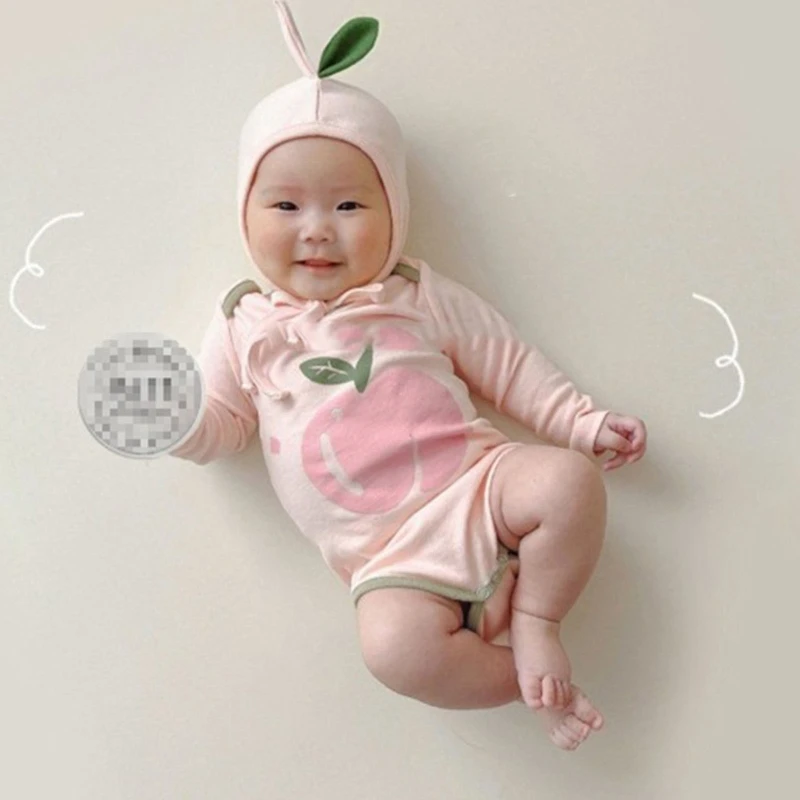 

Baby Boy Girl Romper Hat Set Long Sleeve Fruit Printed Bodysuit Soft Cotton Clothes Outfits Jumpsuit Gift