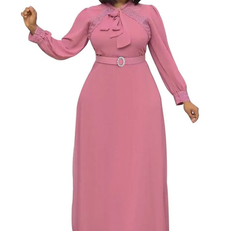 

Women Maxi Dress Vestidos Lace Up Bow Neck Full Sleeve High Waist Robes Summer New Fashion Chiffon Office Lady Long Dresses 2022
