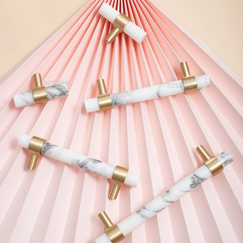 

Modern Brass T Bar Furniture Door Pulls Nature Stone Knobs for Drawer White/Black/Dark Green Marble Cabinet Handle