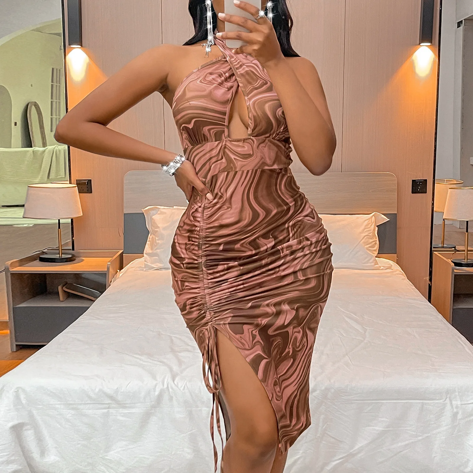 

Women's Print Sleeveless Halter Neck A Line Swing Sexy Sundress Beachwear Open-back Halterneck Dress