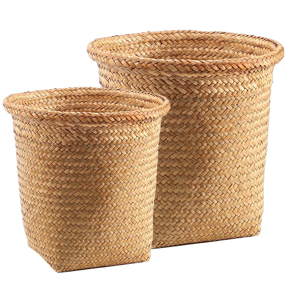 

2pcs Woven Wastebaskets Trash Bin Round Trash Cans Garbage Container Waste Bucket