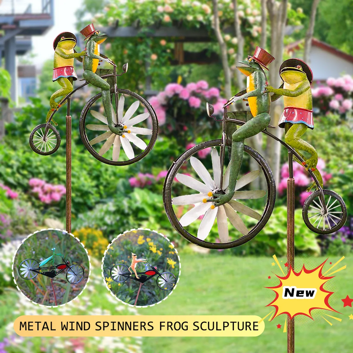 

Funny Metal Frog Riding Spinner Windmill Vintage Bicycle Wind Sculptures Garden Decor Animal Statues Yard Lawn Patio Decoration