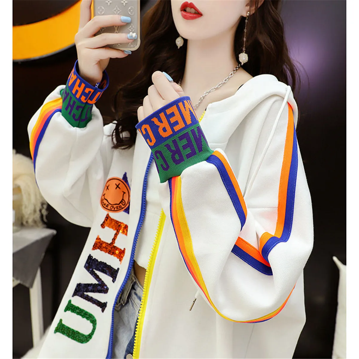 

White Hip Hop Smile Print Jacket Harajuku Streetwear Kpop Hoodie Women Oversized Tops Vintage Ulzzang Autumn Bomber Jacket Femme