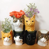 cute animal cat shaped ceramic vase ornaments pen holder home desktop arrangement hand painted flower pot decoration gifts