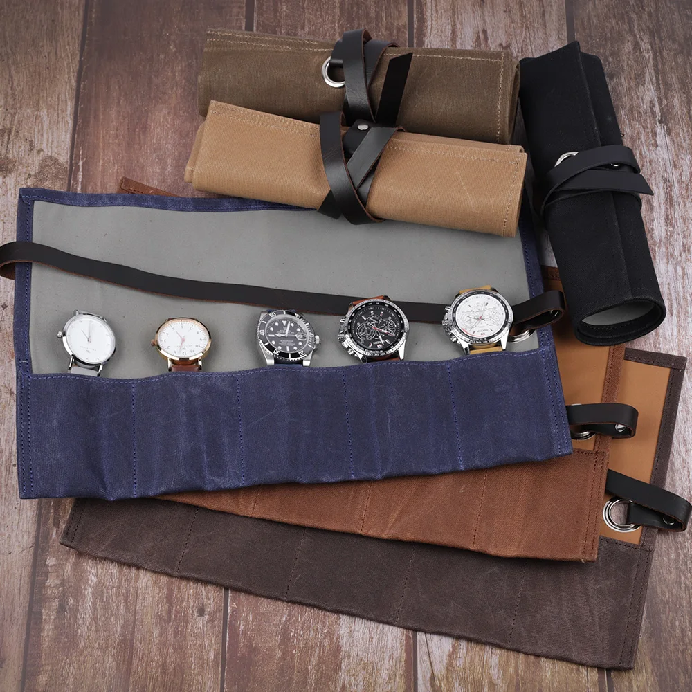 

Watch Roll Storage Case Travel Wet Wax Canvas Jewelry Watch Protective Holder Box with Closing Strap Watch Pouch 5 Slots