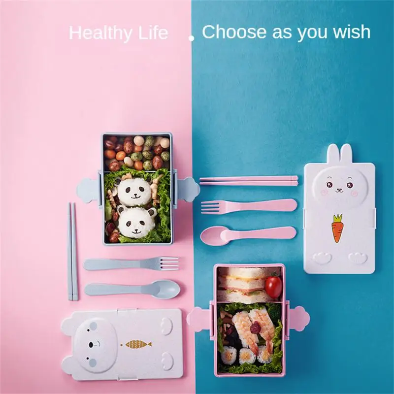 

Bento Case With Cutlery Convenient Lunch Box Cartoon Lunch Box Double Grid Lunch Box Rabbit Bear Plastic Wheat Straw