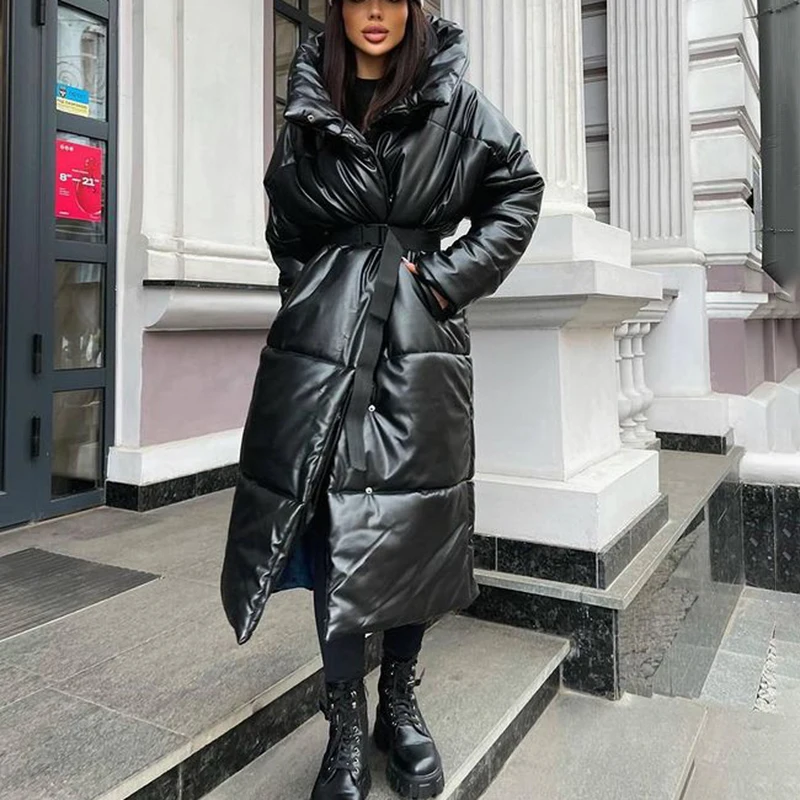 

Hooded PU Parkas Women Fashion Tie Belt Coats Women Elegant Solid Faux Leather Slim Long Cotton Jackets Female Ladies