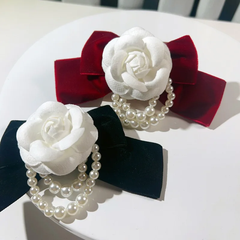 Camellia Pearls Bow Tie Brooch for Women's Handmade Vintage Flannel Bowties Fashion Korean Shirt Neckline Pins Collar Flower