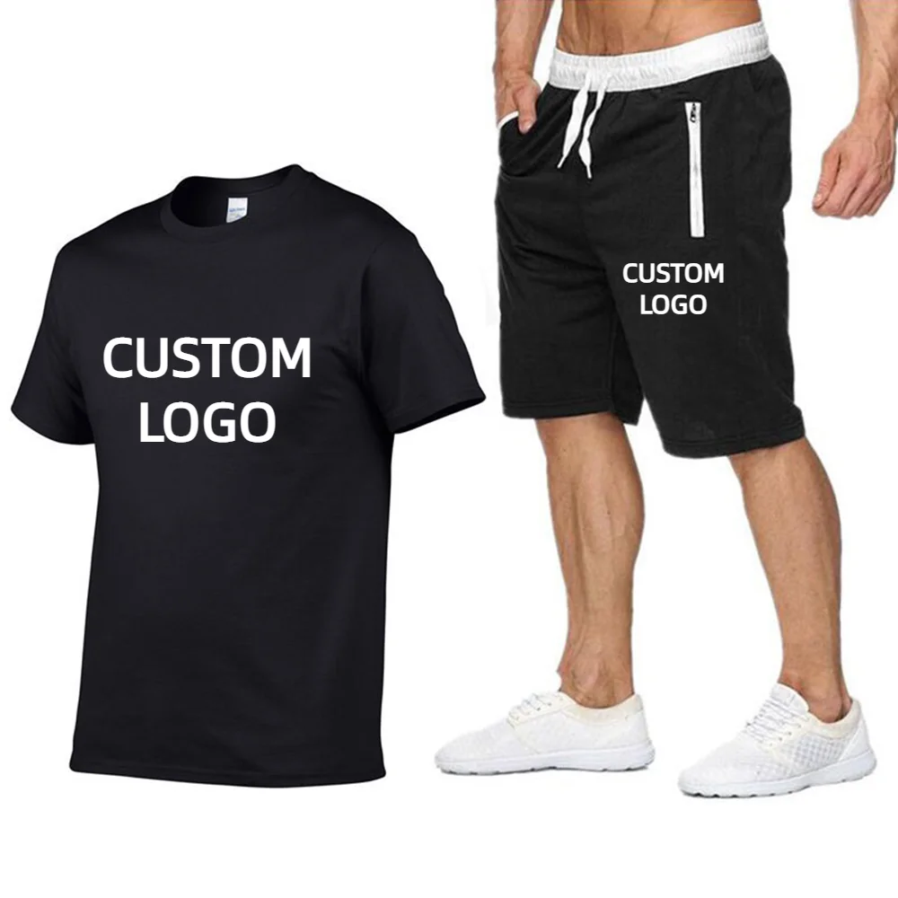 Custom LOGO Men's Tracksuit Brand Summer O-neck T-shirt and Shorts Two Pieces Sets Sport Casual Streetwear Male Sportswear