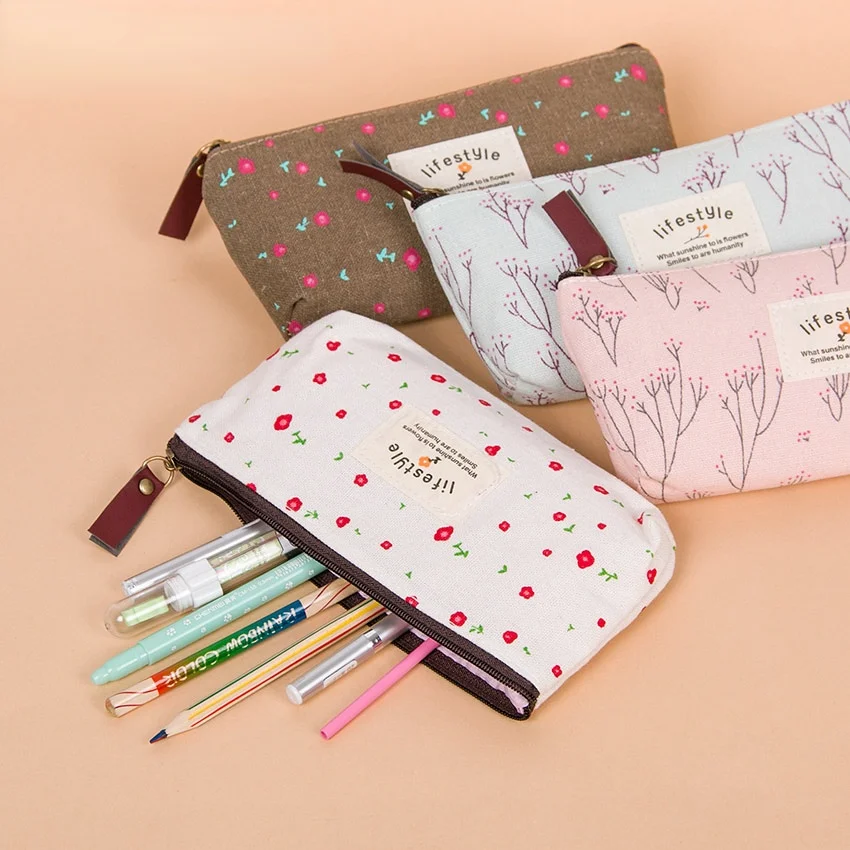 

Cute Cosmetic Bag Floral Flower Canvas Zipper Pencil Cases Lovely Fabric Flower Tree Pen Bags School Supplies pencil case