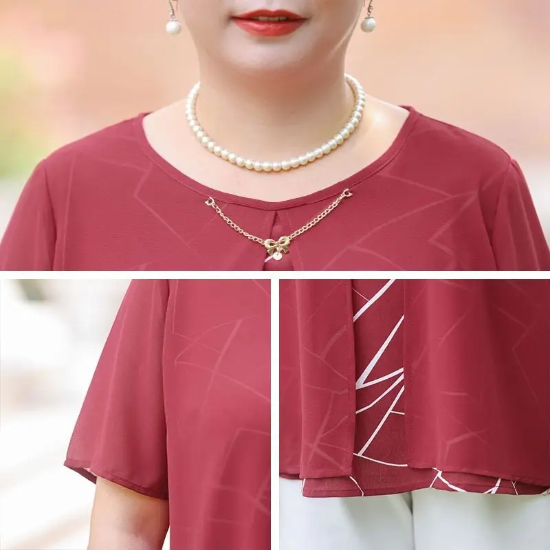 Женская шифоновая рубашка с коротким рукавом и круглым вырезом свободного