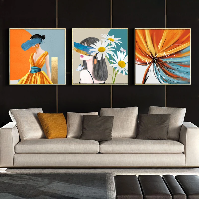 

Woman Flower Abstract Art Poster Wall Art Canvas Painting with Frame Home Decor Modern Nordic Figure Plant Watercolor Picture