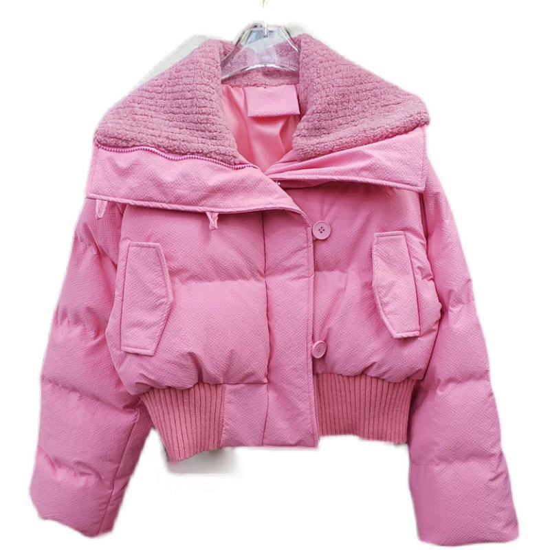 

SeeBeautiful Stitching Warm Short Loose Thick Jacket Coat Lapel Long Sleeve Single Breasted Women 2022 Winter New Fashion Q859