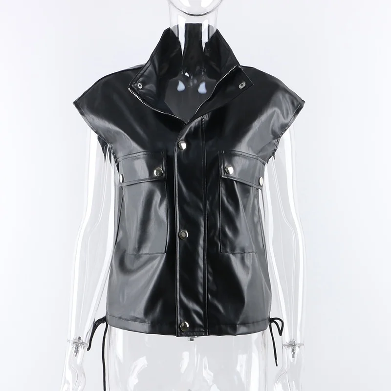 

Sleeveless PU Leather 2022 Jacket Vest Women Black Zipper Autumn Winter Khaki Pocket Casual Coat Short Loose Waistcoat