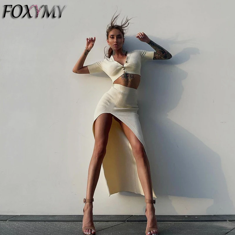 

Women Knitted Skirt Sets Women Summer Short Sleeve Slim Crop Tshirt And Side Slit Midi Skirt Set 2022 Femmal Streetwear