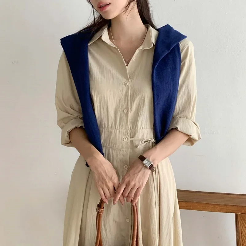 Элегантное осеннее однобортное платье-рубашка в корейском стиле повседневный