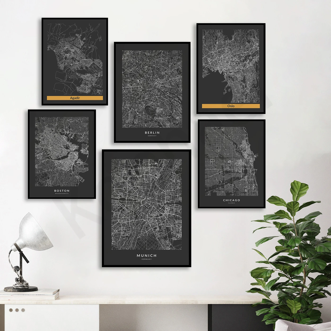 Агадир, Берлин, Осло, Бостон, Чикаго, Сеул, Прага, Гамбург, Милан, Гонконг, Краков. Плакат с картой города