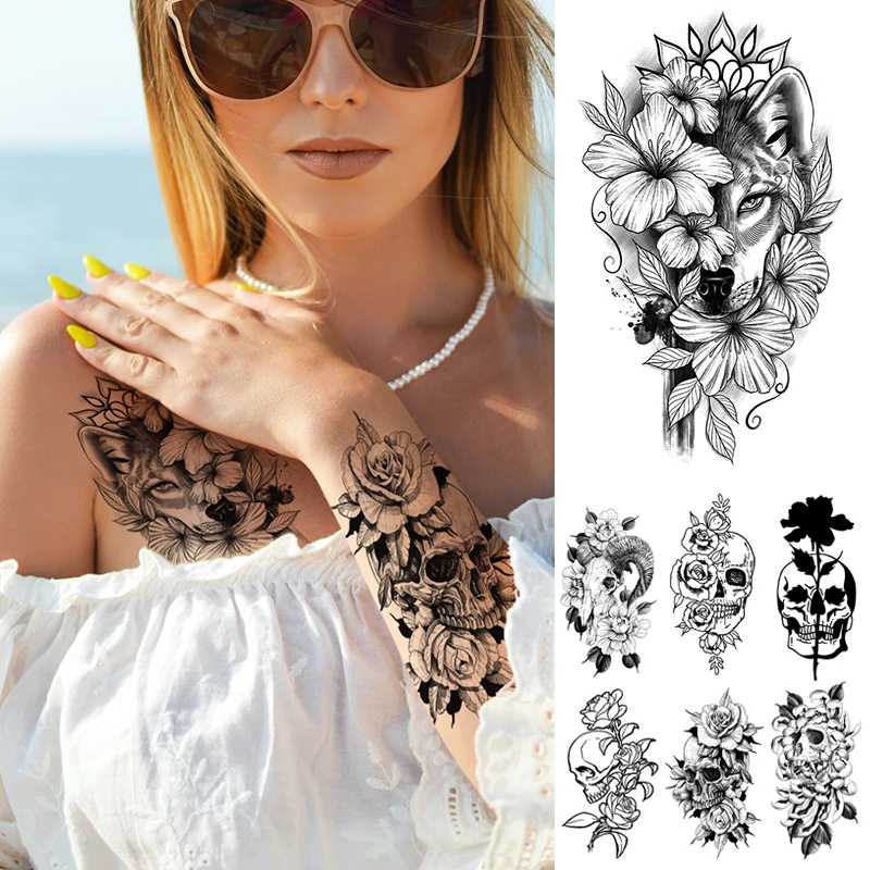 

water transfer tattoo sticker black animal wolf skull flower rose arm sleeve temporary tattoos waterproof sexy body art women