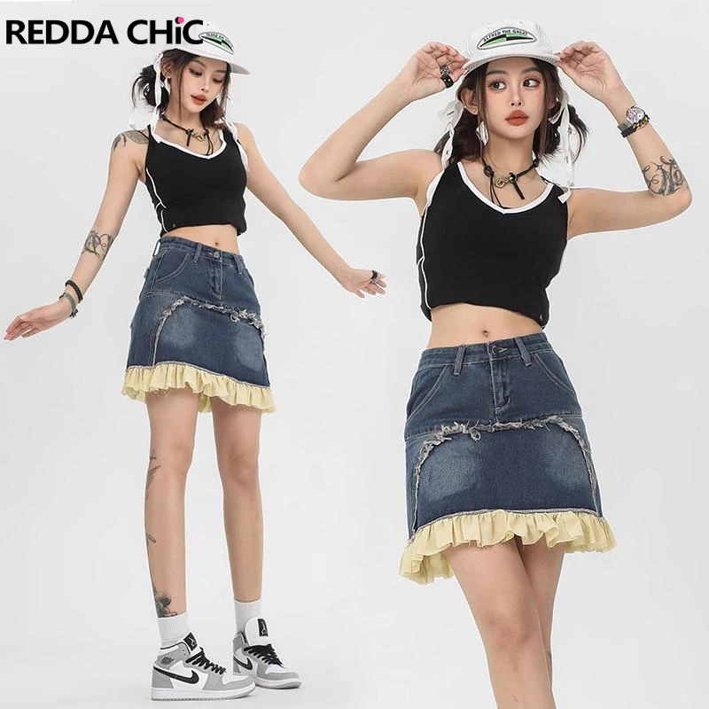 

REDDACHiC Cute Frill Trim Women Denim Mini Skirt High Waist Contrasting Ruffles Frayed Short Bodycon Jean Bottoms Female Clothes