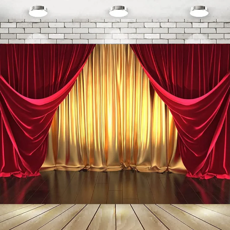 

3D Rendering Theater Stage Theme Photography Backdrops Golden and Red Curtains Background Birthday Party Decoration Banner