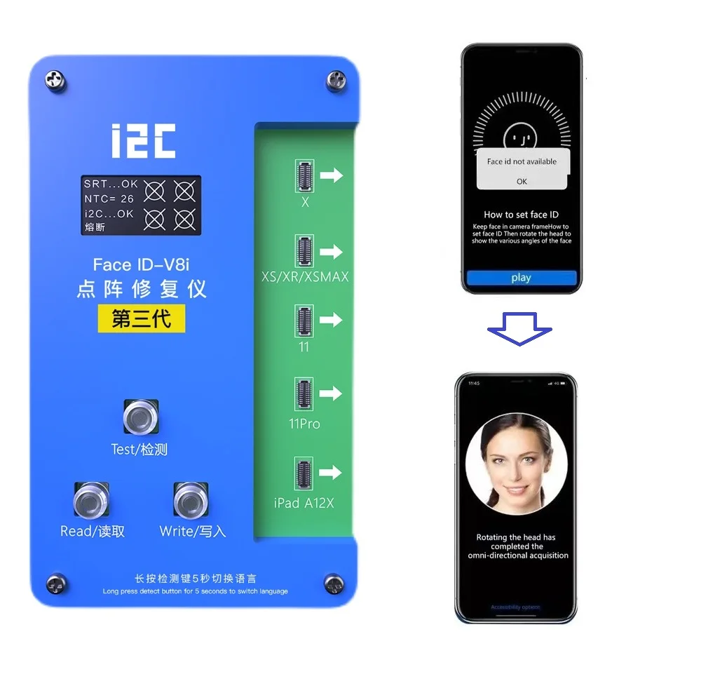 

Программатор i2C V8 с функцией распознавания лица для iPhone X, XR, XS, 11, 12 Pro Max, iPad, точечная матрица, проектор, гибкий кабель, чип IC, инструменты для р...