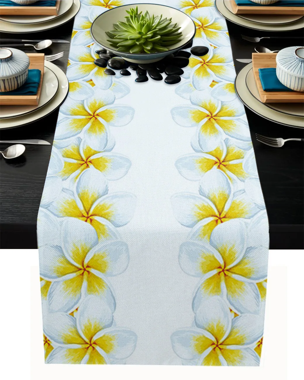

White Flower Plumeria Festival Home Party Decoration Hotel Coffee Table Runner Christmas Wedding Decor Dining Picnic Tablecloth