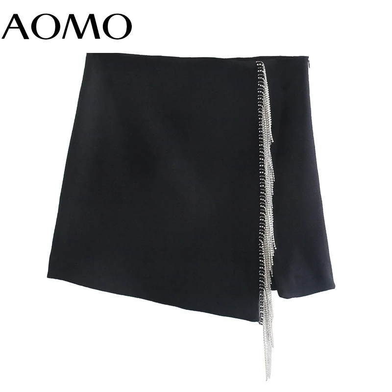 

AOMO Women Beading Tassel Skirts Zipper French Style Female Sexy New Year Mini Skirt AB39A