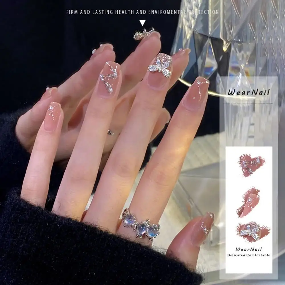 

1 Set Beautiful Japanese Style Short Bow Fake Pearl Faux Nail Artificial Nail with Glue Nail Decoration