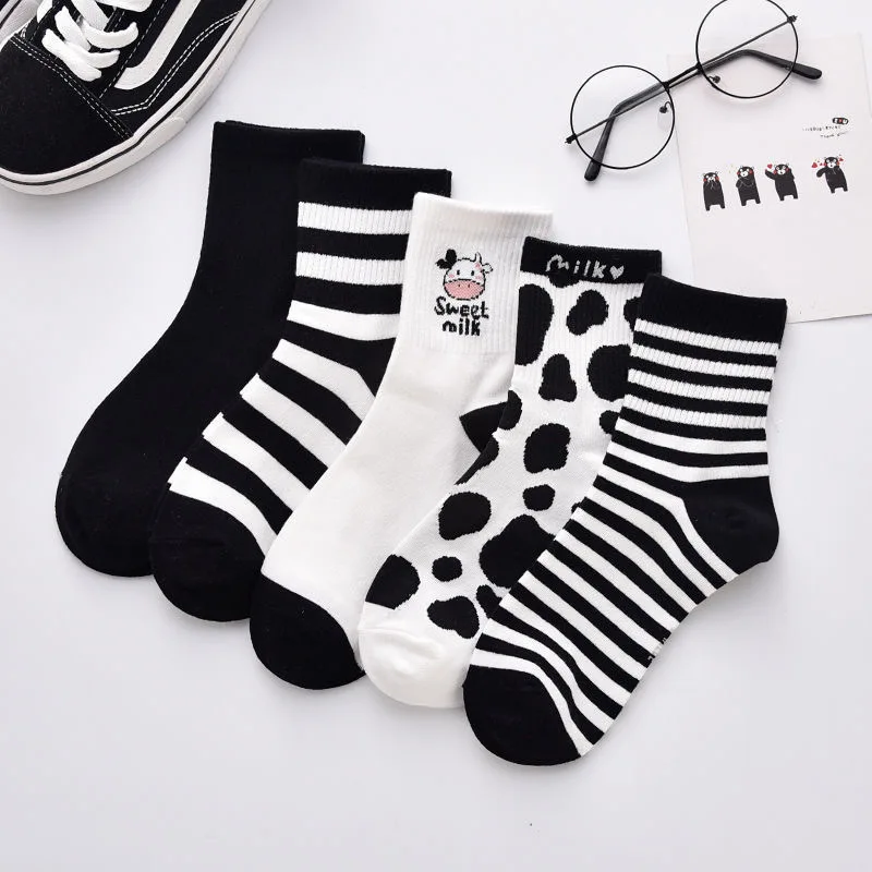 

Striped Socks Funny Cow Print White Cartoon Calcetines Cozy Harajuku Skarpetki Damskie Cute Animal Chaussettes Kawaii Happy Sock