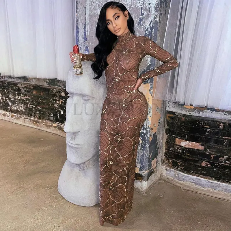 

Women Long Sleeve Party Club Evening Bodycon See Through Long Dress 2022 Autumn Clothes Wholesale Items for Business Sheath