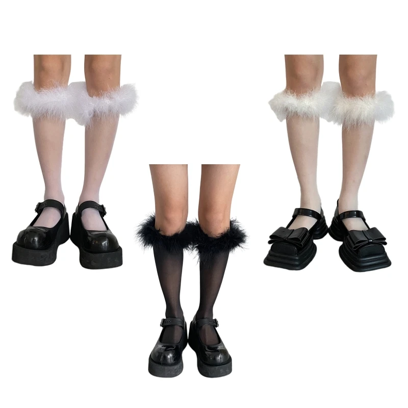 

Women Girls Lolita Silky Thin Knee High Socks Japanese Preppy Style Sweet Furry Faux Feather Trim Cosplay Calf Stockings