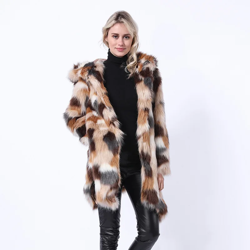 Women's Leather Fur Coat Autumn and Winter Imitation Fox Fur Color Matching Color Contrast Slim Fur Vest Coat Faux Fur Coat