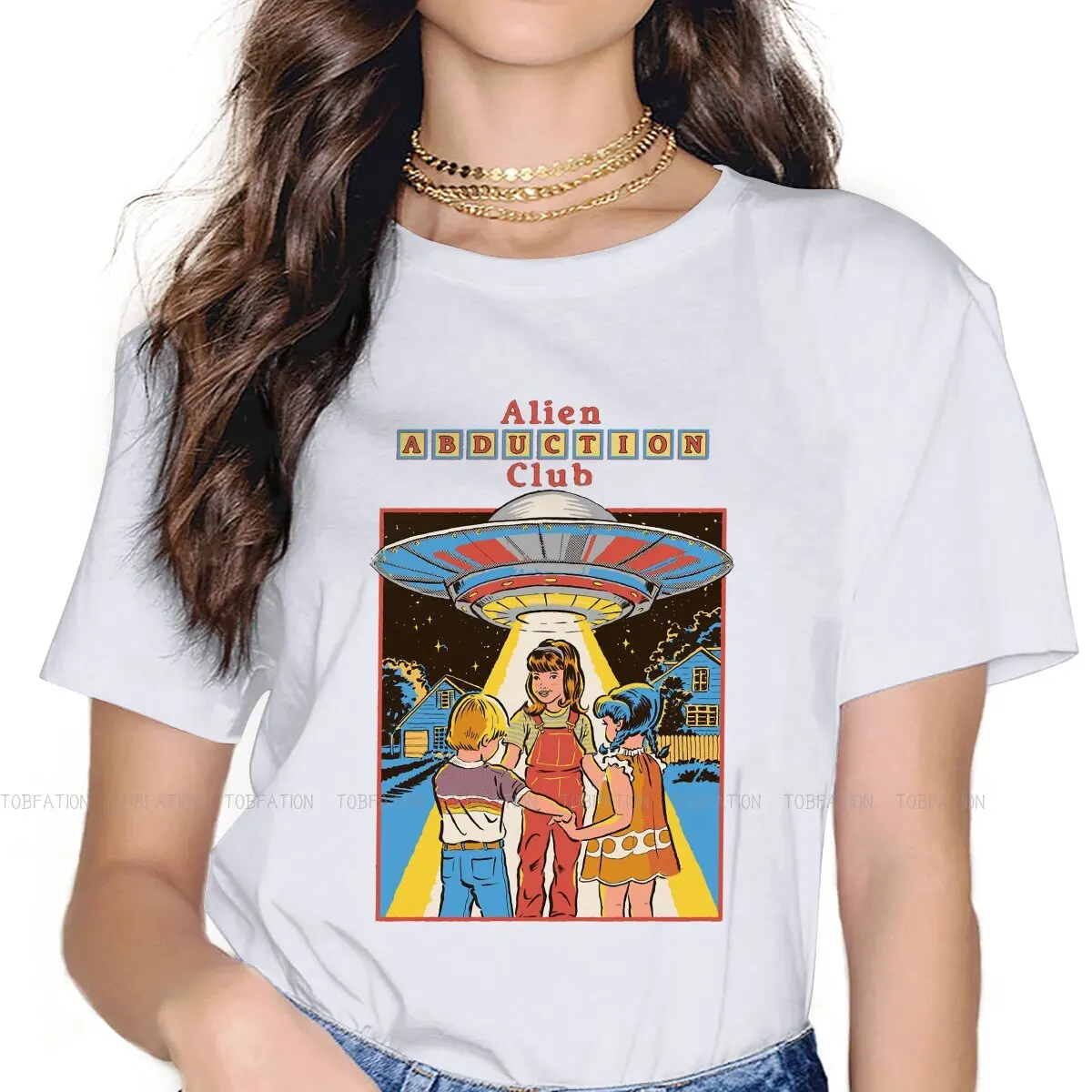 Alien Abduction Club Women Clothing Manga Graphic Vintage Classic Graphic Female Tshirts Vintage Graphic Loose Tops Tee Kawaii