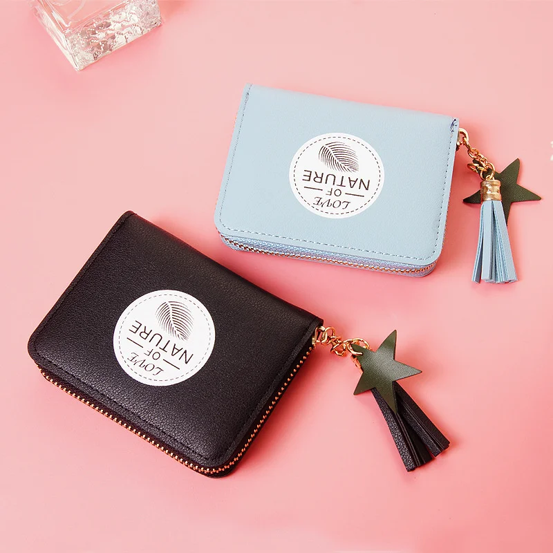 Wallet women's short Korean version tassel leaf zipper pocket women's simple little fresh student Mini Wallet