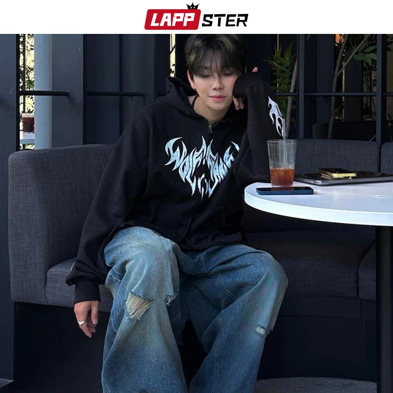 

LAPPSTER Y2k Streetwear Oversized Hooded Full Zip Up Hoodie Japanese Harajuku Designer Sweatshirts Pullovers Korean Black Hoodie