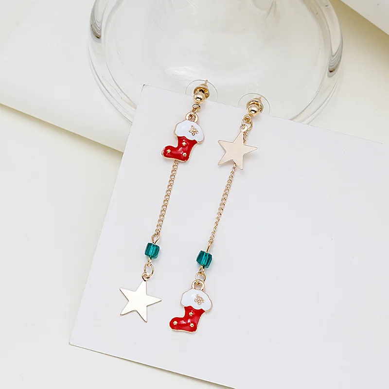 

New Christmas Set Earrings Asymmetric Tassel Drip Oil Snowman Bell Pendant